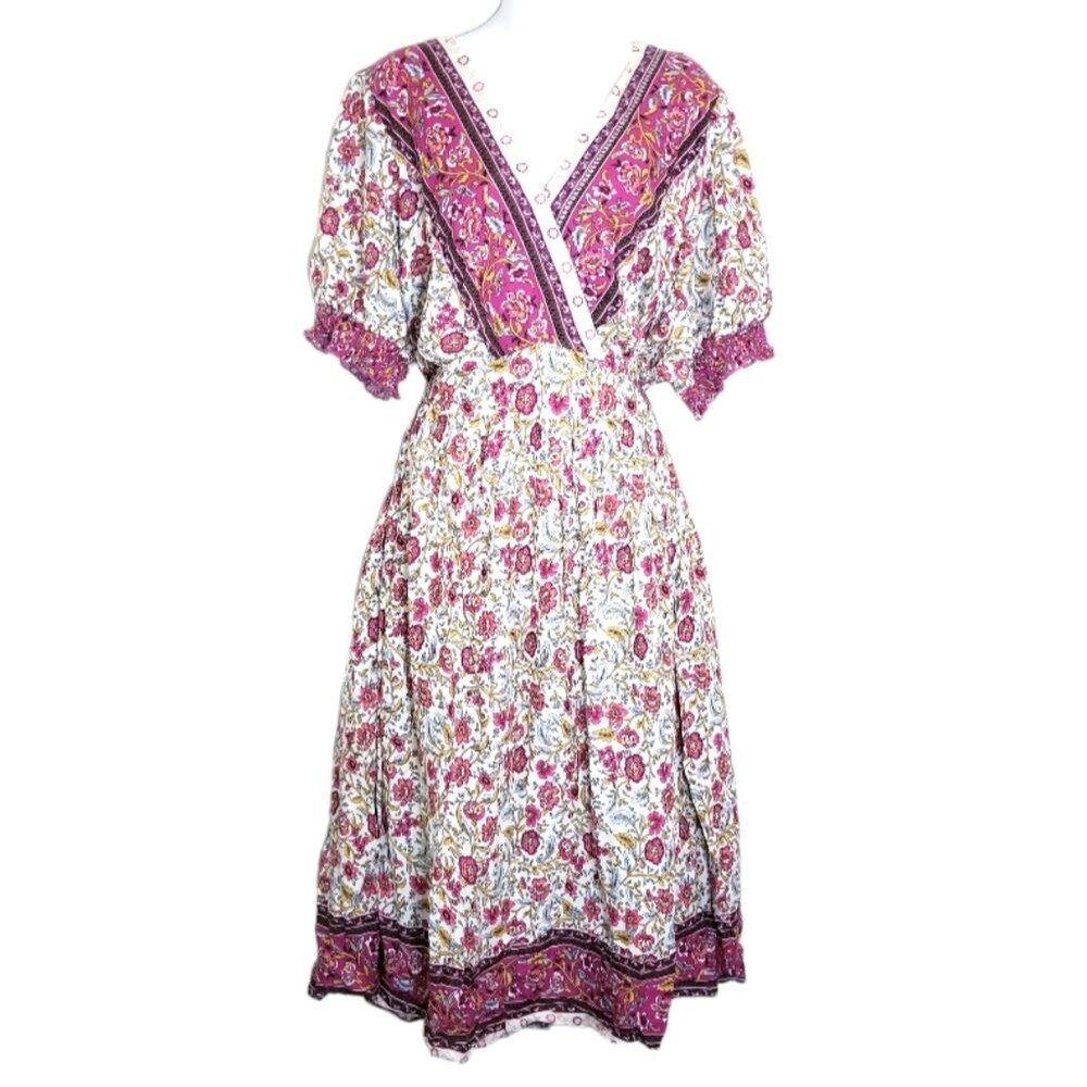 Blooomchic Bandana Print Surplice Neck Pocket Shirred Puff Sleeve Dress … - Picture 3 of 10